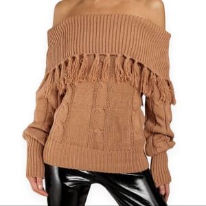 Lucca | Women's Couture Noelle Brown Tassel Fitted Fold-Over Sweater